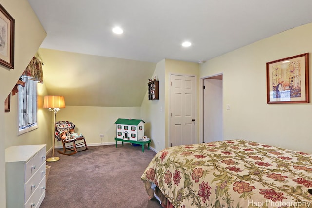 carpeted bedroom featuring baseboards and recessed lighting