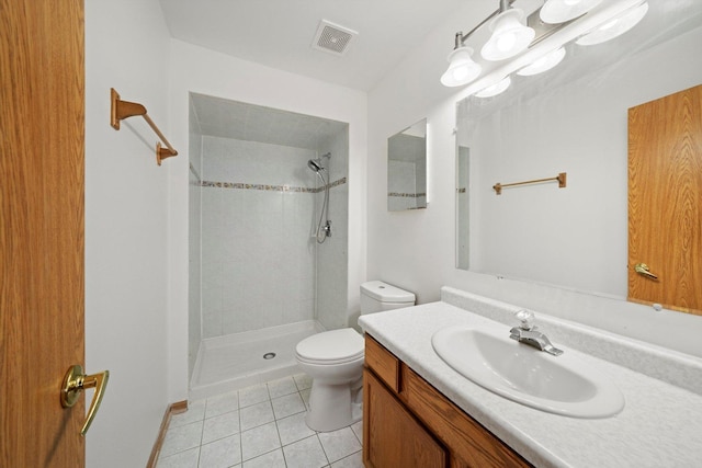 bathroom featuring toilet, tile patterned flooring, visible vents, and a shower stall