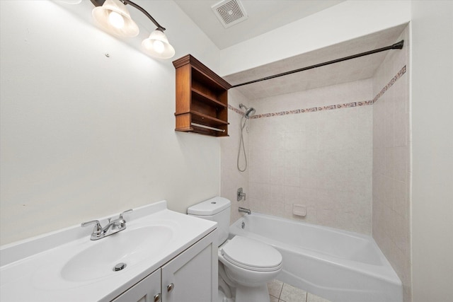 full bath with visible vents, toilet, tile patterned floors, shower / washtub combination, and vanity