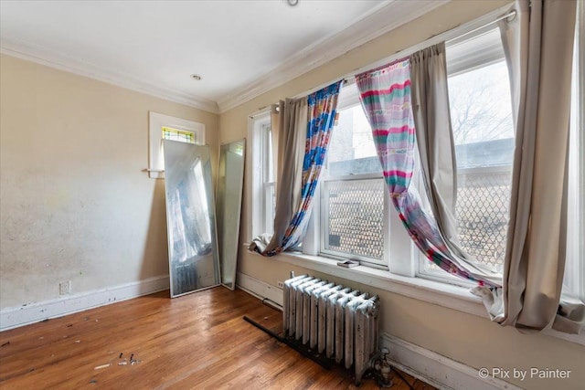 interior space with radiator, baseboards, crown molding, and wood finished floors