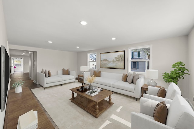 living room featuring recessed lighting and light wood-style floors