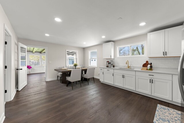 kitchen featuring a sink, decorative backsplash, dark wood-style flooring, and white cabinetry