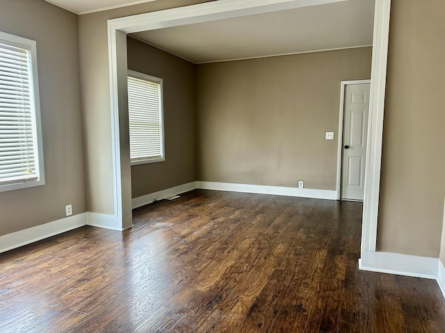 empty room featuring baseboards, a wealth of natural light, and dark wood-style floors