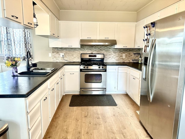 kitchen with stainless steel appliances, light wood-style flooring, a sink, dark countertops, and under cabinet range hood