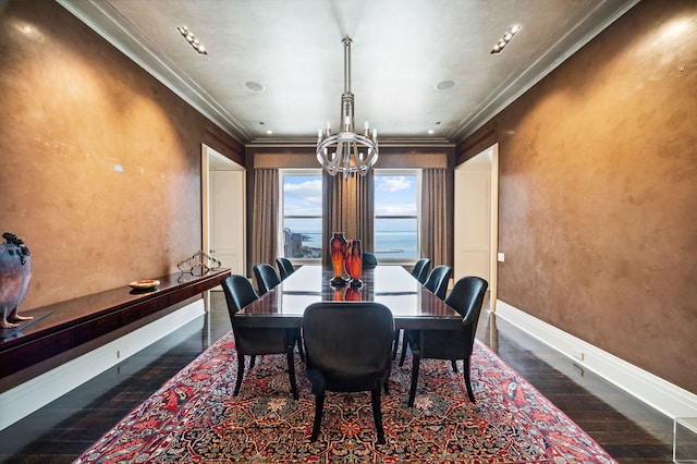 159 E Walton Pl Unit 34A, Chicago, IL 60611 - dining space with wood-type flooring, baseboards, ornamental molding, and a chandelier