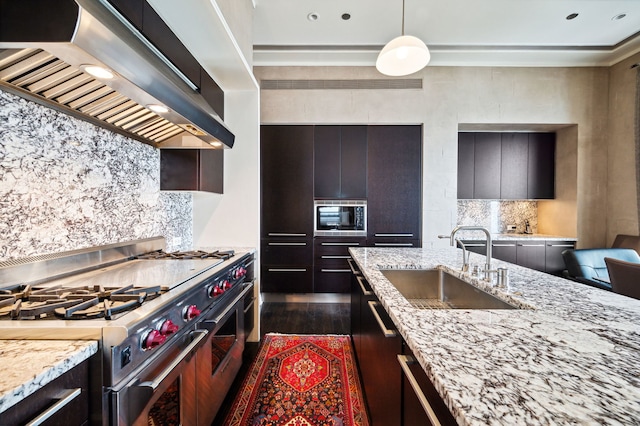 159 E Walton Pl Unit 34A, Chicago, IL 60611 - kitchen featuring a sink, built in microwave, range with two ovens, range hood, and dark wood-type flooring