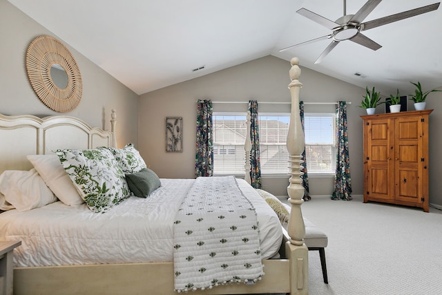 bedroom featuring visible vents, carpet, ceiling fan, and lofted ceiling
