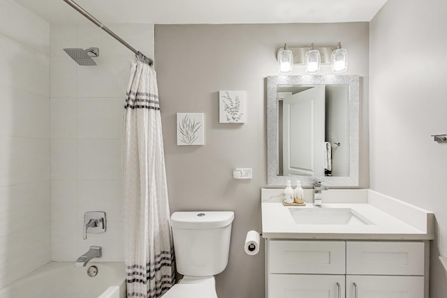 full bath with toilet, shower / tub combo, and vanity