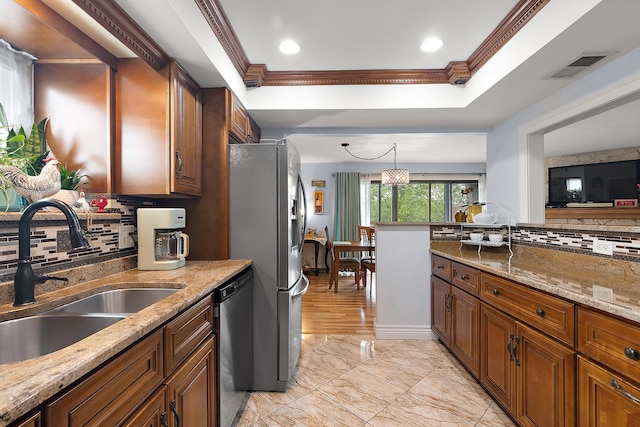 11138 Center Rd Unit E22, Palos Hills, IL 60465 - kitchen with appliances with stainless steel finishes, backsplash, a raised ceiling, light stone counters, and light marble finish flooring
