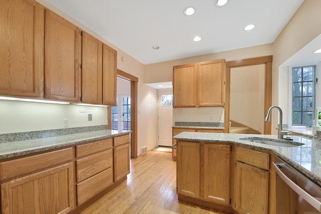 1726 Wesley Ave, Evanston, IL 60201 - kitchen with light stone counters, dishwasher, light wood-type flooring, and a sink