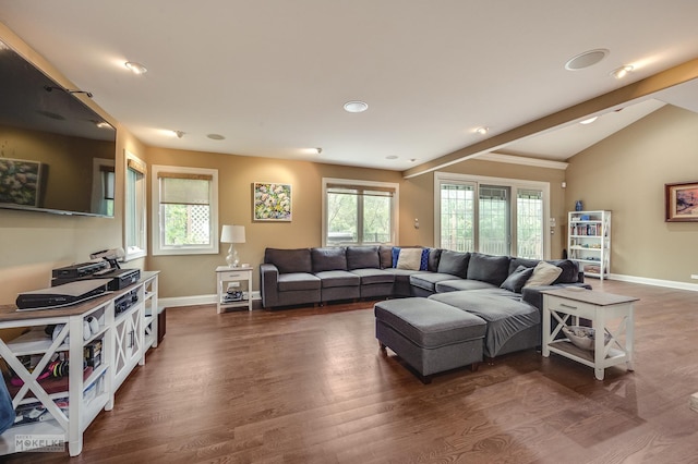 7S745 State Route 53rd Hwy, Naperville, IL 60540 - living room featuring baseboards, wood finished floors, lofted ceiling, and recessed lighting
