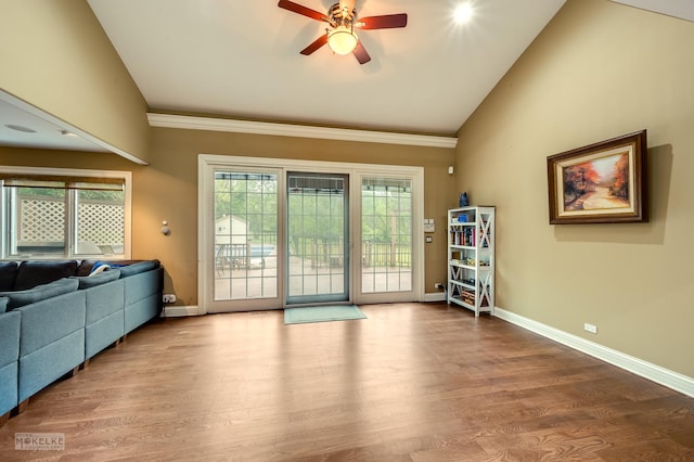 7S745 State Route 53rd Hwy, Naperville, IL 60540 - living room featuring ceiling fan, baseboards, wood finished floors, crown molding, and high vaulted ceiling