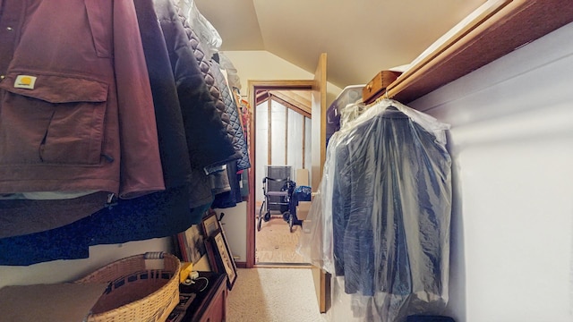 spacious closet featuring carpet and vaulted ceiling