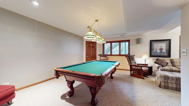 rec room featuring baseboards, billiards, carpet, and recessed lighting