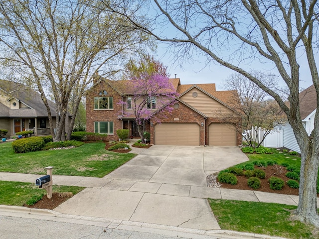 traditional-style house with brick siding, an attached garage, a front yard, and concrete driveway