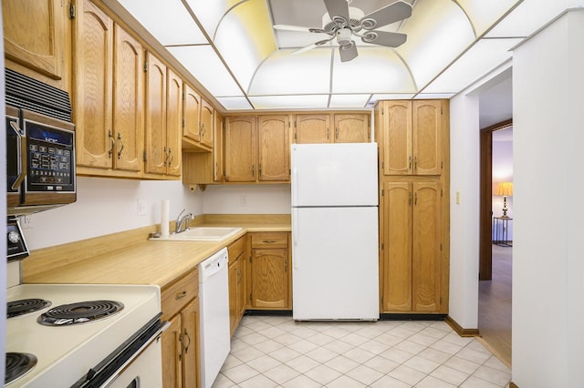 2608 186th St Unit 105, Lansing, IL 60438 - kitchen featuring light tile patterned floors, white appliances, ceiling fan, a sink, and light countertops