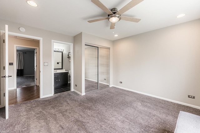1106 Andover Ct, Glendale Heights, IL 60139 - unfurnished bedroom with dark colored carpet, baseboards, ensuite bathroom, a closet, and recessed lighting