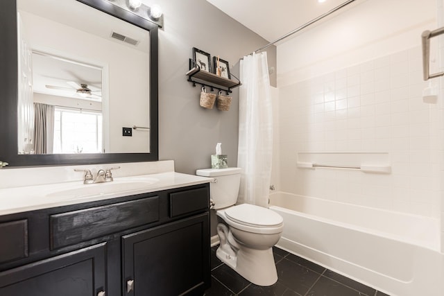 1106 Andover Ct, Glendale Heights, IL 60139 - full bath featuring toilet, tile patterned flooring, vanity, ceiling fan, and shower / tub combo with curtain