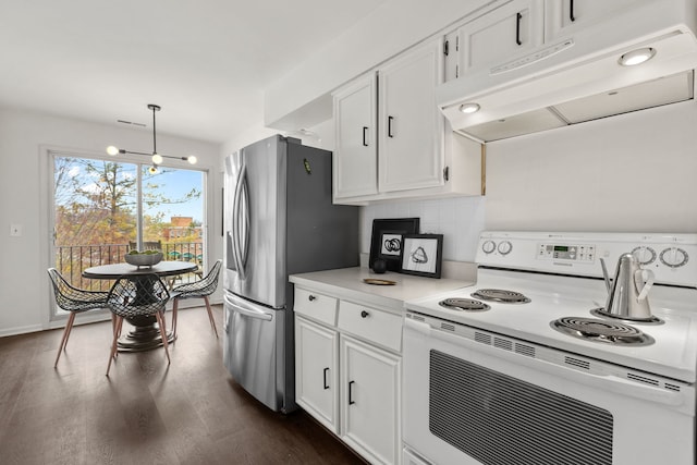 kitchen featuring white range with electric cooktop, stainless steel fridge, light countertops, under cabinet range hood, and dark wood-style floors
