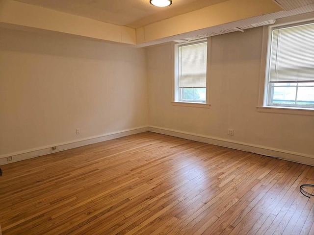 spare room featuring baseboards, light wood-style floors, and plenty of natural light