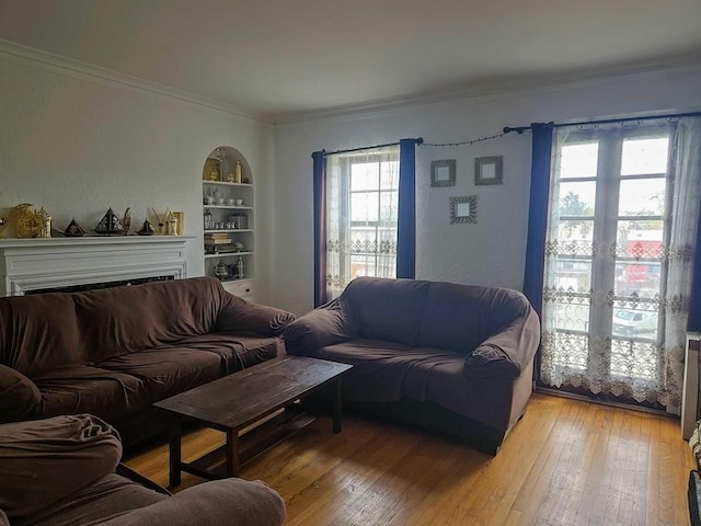 living room featuring a fireplace, crown molding, and light wood-type flooring