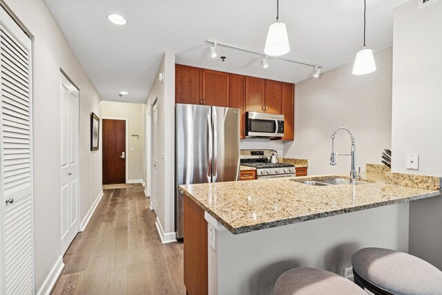 kitchen with appliances with stainless steel finishes, a sink, a peninsula, wood finished floors, and brown cabinets