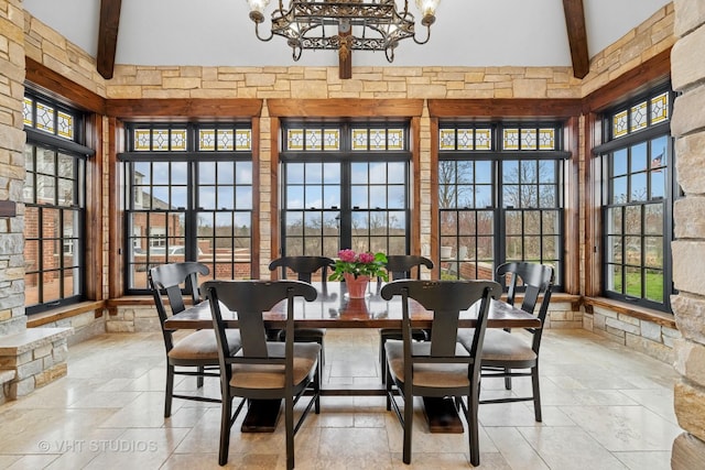 546 Oak Knoll Rd, Barrington Hills, IL 60010 - sunroom featuring beam ceiling, an inviting chandelier, french doors, and plenty of natural light