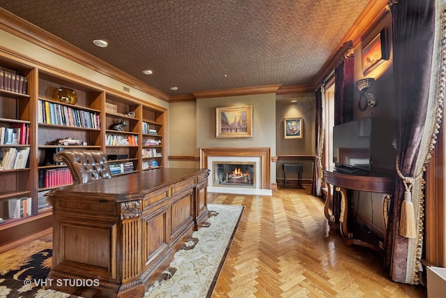 546 Oak Knoll Rd, Barrington Hills, IL 60010 - office featuring a glass covered fireplace and crown molding