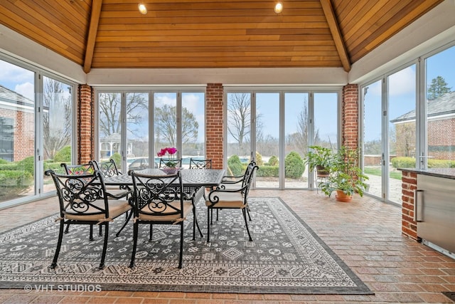 546 Oak Knoll Rd, Barrington Hills, IL 60010 - sunroom with wooden ceiling, brick floor, plenty of natural light, and vaulted ceiling