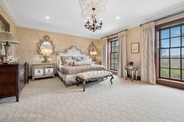 546 Oak Knoll Rd, Barrington Hills, IL 60010 - bedroom featuring ornamental molding, recessed lighting, carpet flooring, and a notable chandelier
