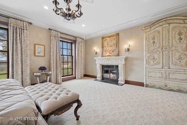 546 Oak Knoll Rd, Barrington Hills, IL 60010 - carpeted bedroom featuring baseboards, recessed lighting, ornamental molding, a premium fireplace, and a notable chandelier