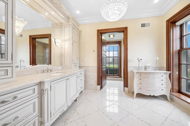 546 Oak Knoll Rd, Barrington Hills, IL 60010 - bathroom featuring vanity, a notable chandelier, a healthy amount of sunlight, and visible vents