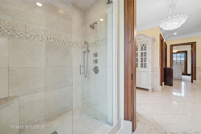 546 Oak Knoll Rd, Barrington Hills, IL 60010 - full bathroom with an inviting chandelier, a shower stall, crown molding, and recessed lighting