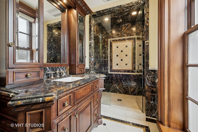 546 Oak Knoll Rd, Barrington Hills, IL 60010 - full bathroom featuring vanity, tile patterned flooring, and a marble finish shower