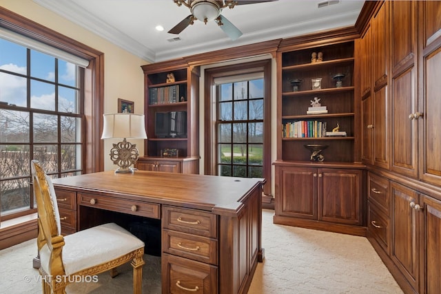 546 Oak Knoll Rd, Barrington Hills, IL 60010 - home office with ceiling fan, light carpet, crown molding, and plenty of natural light