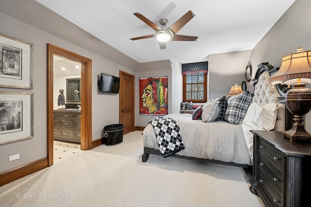 546 Oak Knoll Rd, Barrington Hills, IL 60010 - bedroom featuring baseboards, ensuite bathroom, ceiling fan, and light colored carpet