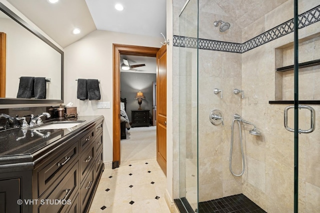 546 Oak Knoll Rd, Barrington Hills, IL 60010 - ensuite bathroom featuring a shower stall, ensuite bathroom, recessed lighting, vaulted ceiling, and vanity
