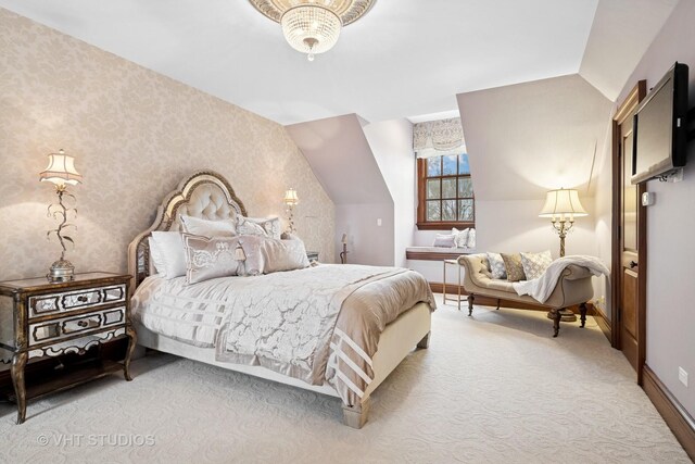 546 Oak Knoll Rd, Barrington Hills, IL 60010 - bedroom with baseboards, light colored carpet, and vaulted ceiling