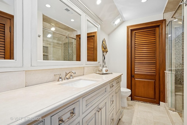 546 Oak Knoll Rd, Barrington Hills, IL 60010 - bathroom with toilet, vanity, recessed lighting, and a stall shower