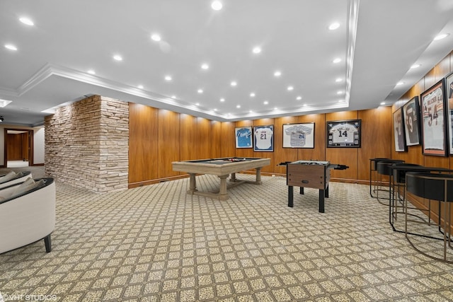 546 Oak Knoll Rd, Barrington Hills, IL 60010 - game room with wood walls, carpet floors, crown molding, and pool table