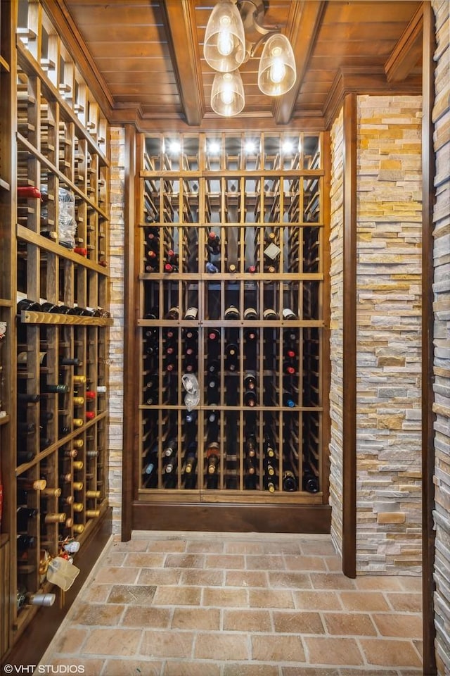 546 Oak Knoll Rd, Barrington Hills, IL 60010 - wine room featuring wood ceiling, brick floor, and beamed ceiling