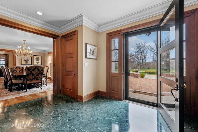 546 Oak Knoll Rd, Barrington Hills, IL 60010 - foyer featuring a chandelier, crown molding, marble finish floor, and baseboards