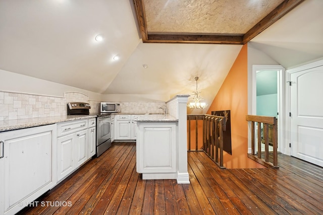 546 Oak Knoll Rd, Barrington Hills, IL 60010 - kitchen featuring white cabinets, a sink, stainless steel appliances, dark wood-type flooring, and vaulted ceiling with beams