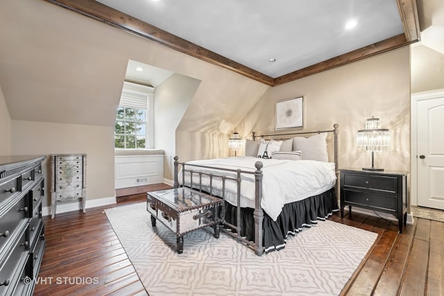 546 Oak Knoll Rd, Barrington Hills, IL 60010 - bedroom featuring hardwood / wood-style flooring, vaulted ceiling with beams, and baseboards