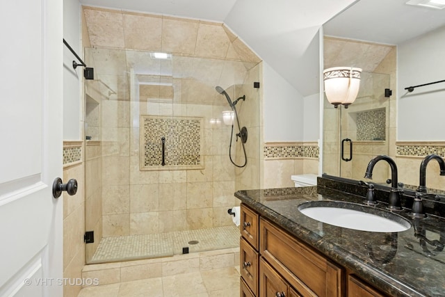 546 Oak Knoll Rd, Barrington Hills, IL 60010 - full bath featuring vanity, a stall shower, and tile walls