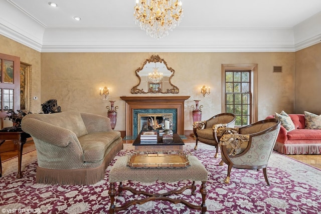 546 Oak Knoll Rd, Barrington Hills, IL 60010 - sitting room with recessed lighting, wood finished floors, an inviting chandelier, a premium fireplace, and visible vents