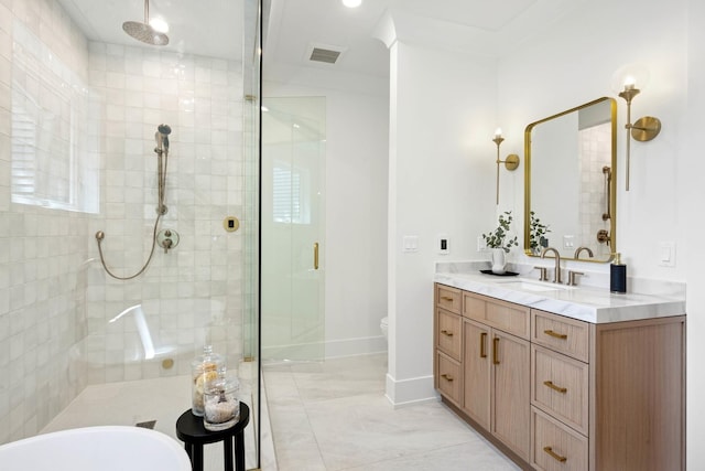 3452 N Bell Ave, Chicago, IL 60618 - bathroom with tiled shower, vanity, and a freestanding tub
