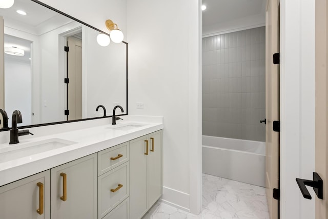 3452 N Bell Ave, Chicago, IL 60618 - full bath featuring marble finish floors, double vanity, recessed lighting, and  shower combination