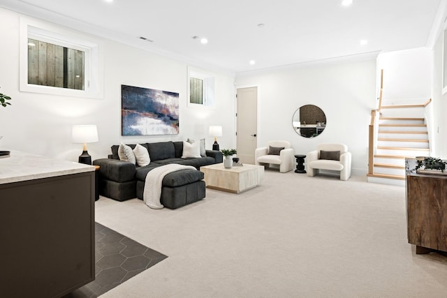 3452 N Bell Ave, Chicago, IL 60618 - living area featuring dark carpet, recessed lighting, and stairway