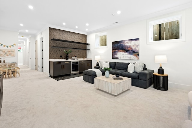 3452 N Bell Ave, Chicago, IL 60618 - living area with wet bar, light carpet, beverage cooler, crown molding, and recessed lighting